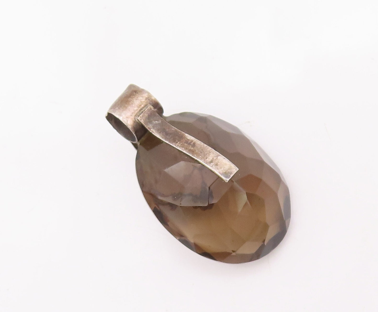 925 Sterling Silver Vintage Pendant Large Oval Smokey Quartz & Pearl  PT23345