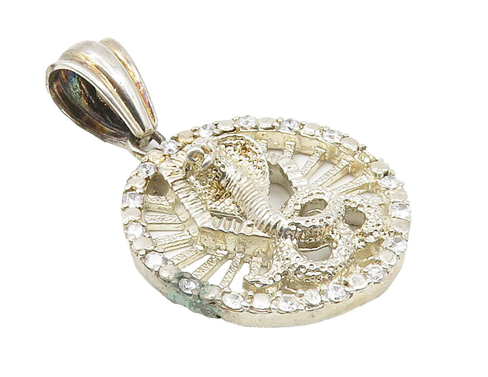 925 Sterling Silver  Vintage Cubic Zirconia Cobra Snake Round Pendant  PT11952