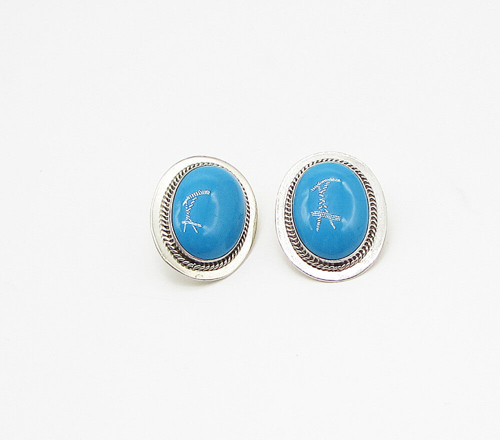 925 Sterling Silver  Vintage Bezel Set Turquoise Stud Drop Earrings  EG1958
