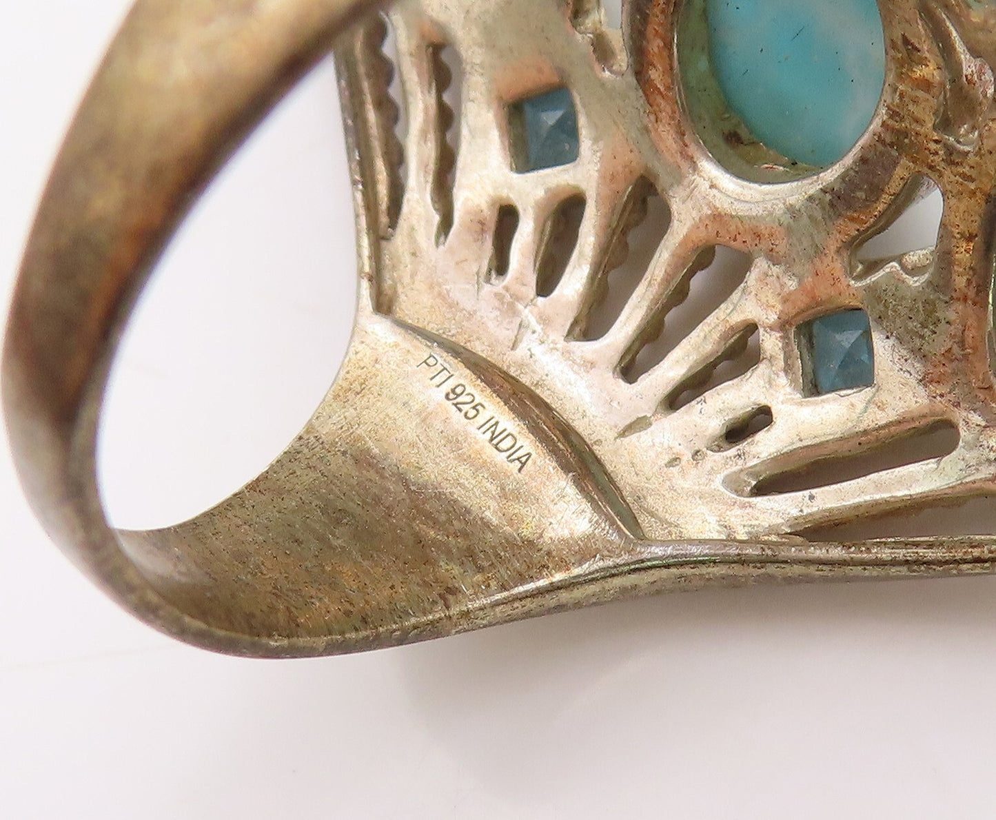 925 Sterling Silver Vintage Ring Bead Cutout Oval Larimar & CZ  Sz 10  RG31223