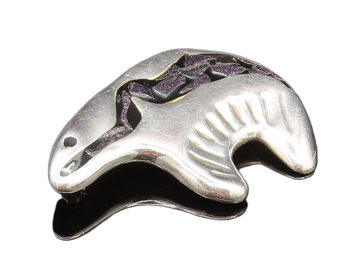 MEXICO 925 Silver  Vintage Enamel & Drusy Quartz Bear Brooch Pin  BP9673