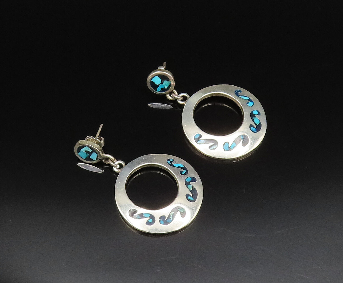 MEXICO 925 Sterling Silver Vintage Turquoise & Onyx Open Circle Earrings EG12250