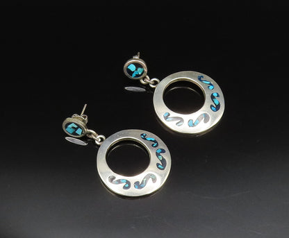 MEXICO 925 Sterling Silver Vintage Turquoise & Onyx Open Circle Earrings EG12250
