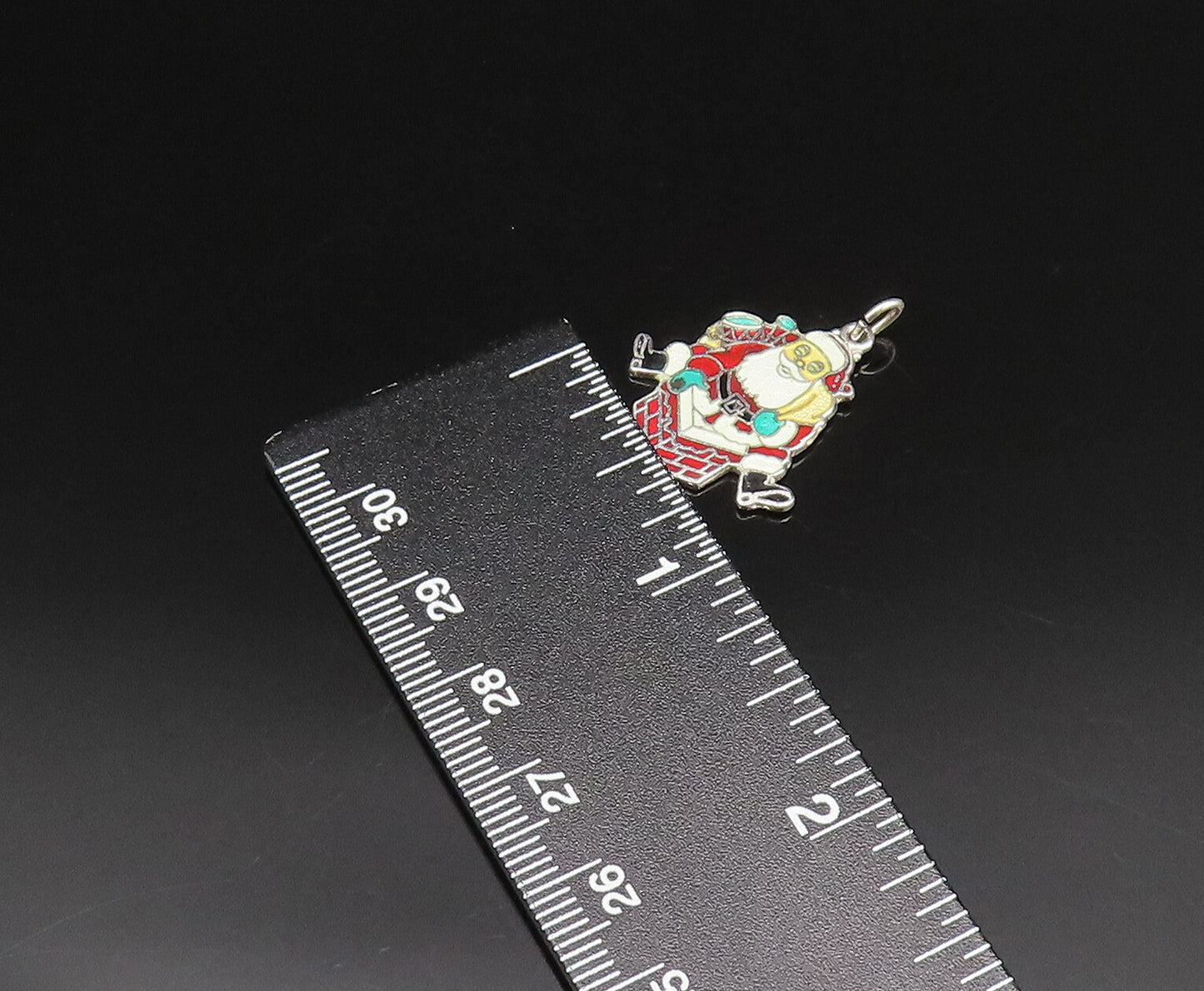 925 Sterling Silver  Vintage Enamel Santa Claus On Chimney Pendant  PT21688