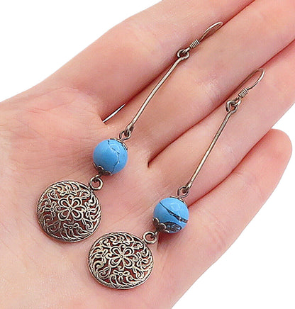 925 Sterling Silver  Vintage Turquoise Ball Bead Floral Dangle Earrings EG2757
