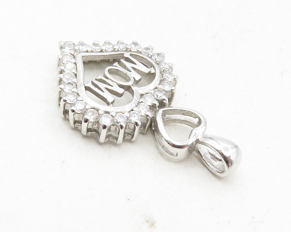925 Sterling Silver  Shiny White Topaz Mom Love Heart Drop Pendant  PT7307