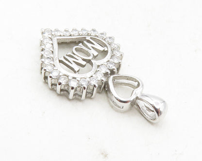 925 Sterling Silver  Shiny White Topaz Mom Love Heart Drop Pendant  PT7307