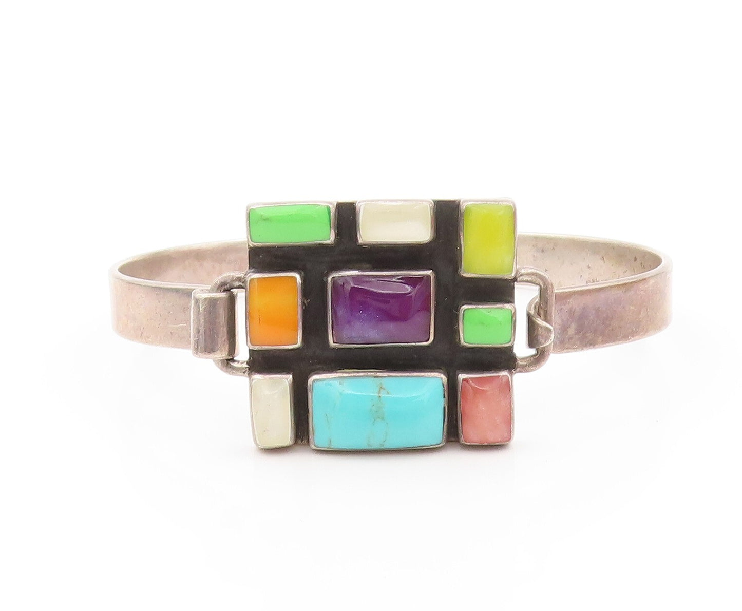 925 Sterling Silver Vintage Bracelet Rectangle Cut Multi Gemstones Inlay BT11159