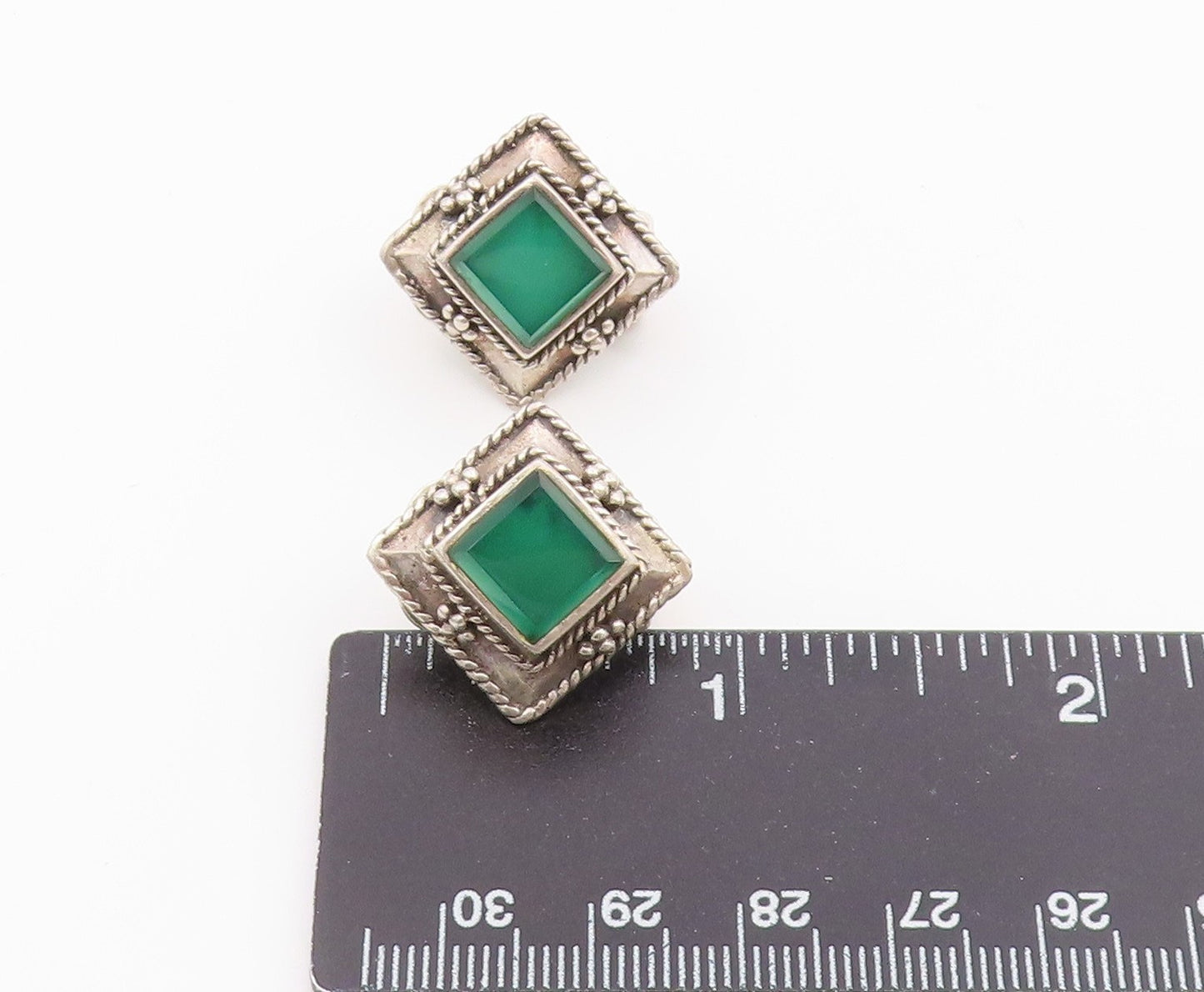 925 Sterling Silver Vintage Earrings Green Onyx Beaded Frame Clip On  EG14432