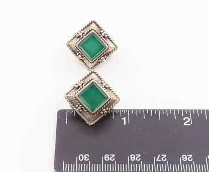 925 Sterling Silver Vintage Earrings Green Onyx Beaded Frame Clip On  EG14432