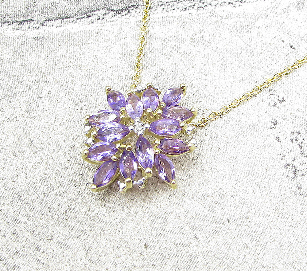 Gold Over 925 Silver  Amethyst & Genuine Diamond Pendant & Chain  PT1347
