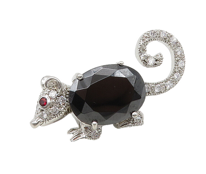 925 Silver  Vintage Hematite Cubic Zirconia & Garnet Mouse Brooch Pin  BP8406