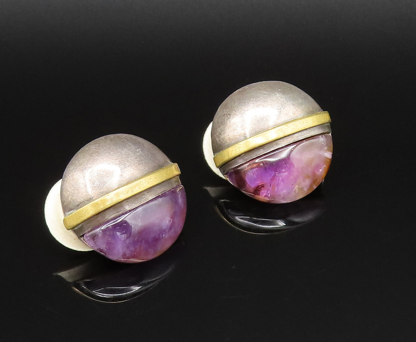 925 Silver  Vintage Round Two Tone Amethyst Non Pierced Earrings  EG11736