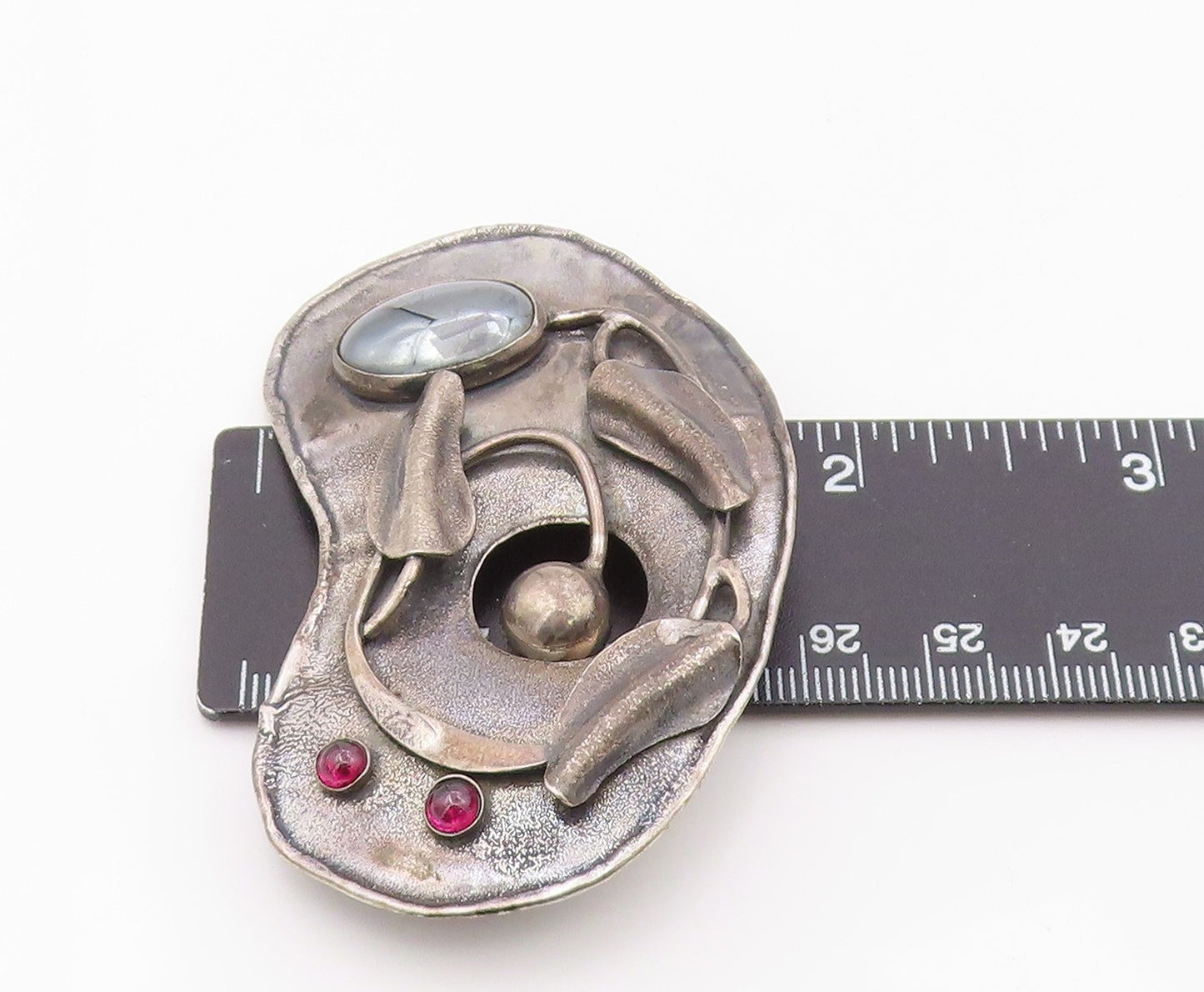 925 Sterling Silver Vintage Brooch Pin Hematite & Garnet Abstract Leaf   BP12581