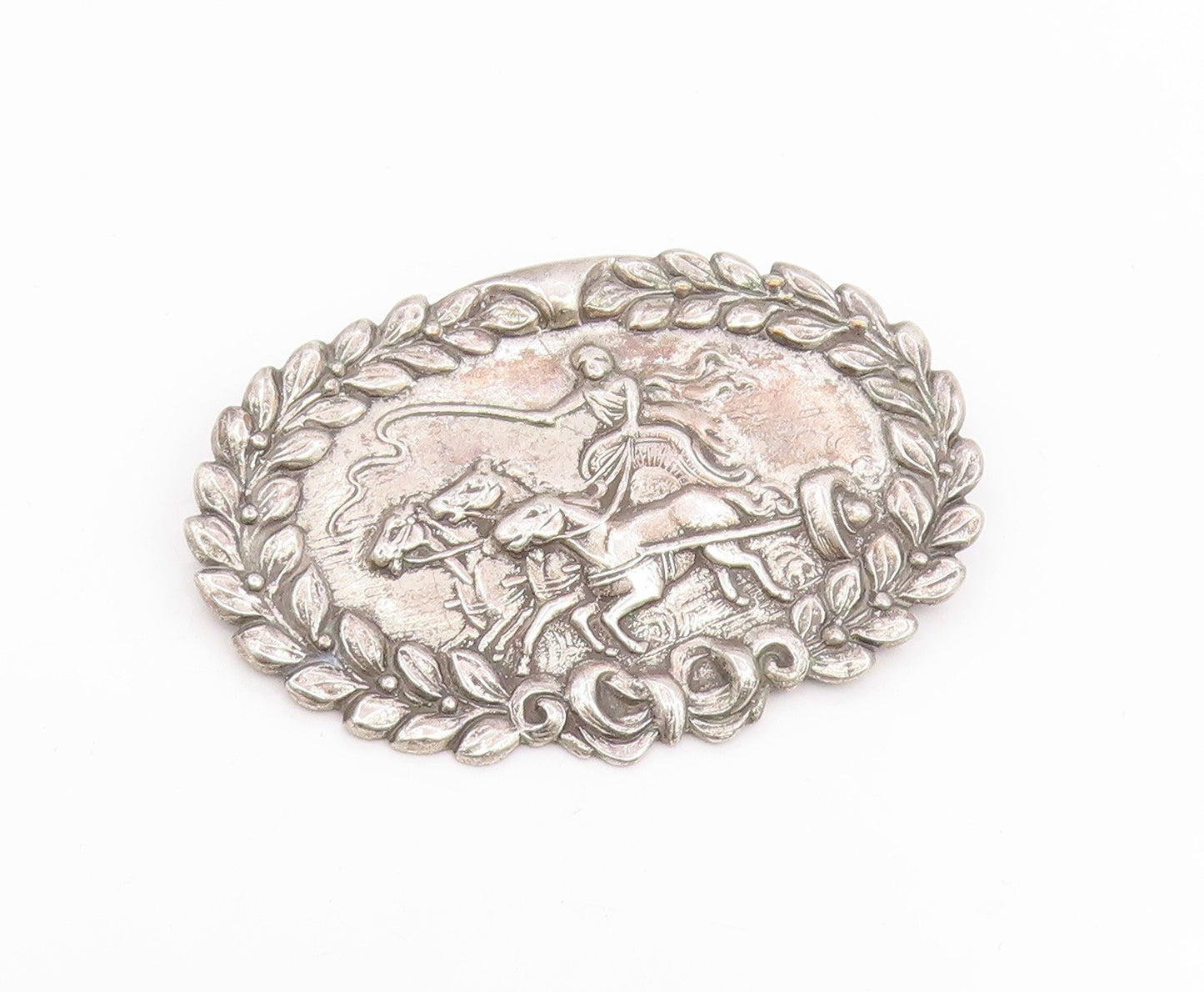925 Sterling Silver Vintage Brooch Pin Carved Royal Charioteer & Horses  BP12390