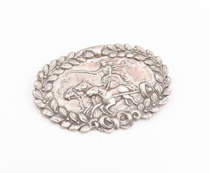 925 Sterling Silver Vintage Brooch Pin Carved Royal Charioteer & Horses  BP12390