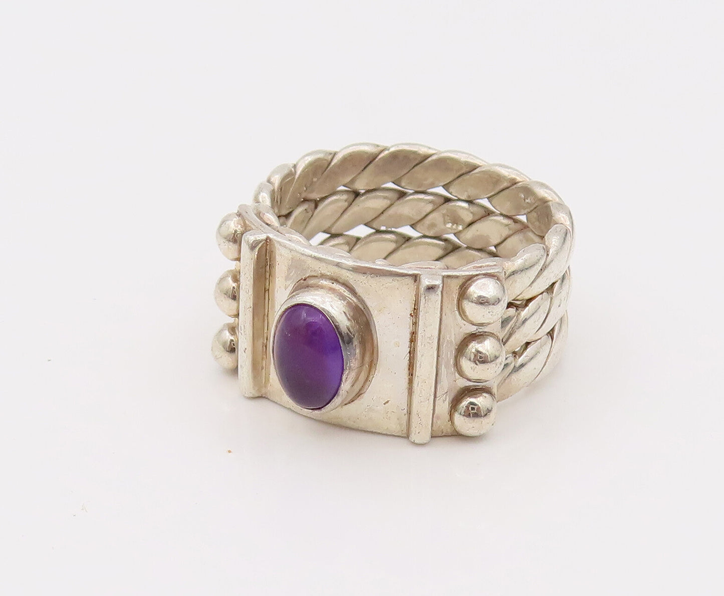 925 Silver  Vintage 3 Twisted Rope Band Cabochon Amethyst Ring Sz 7  RG26671