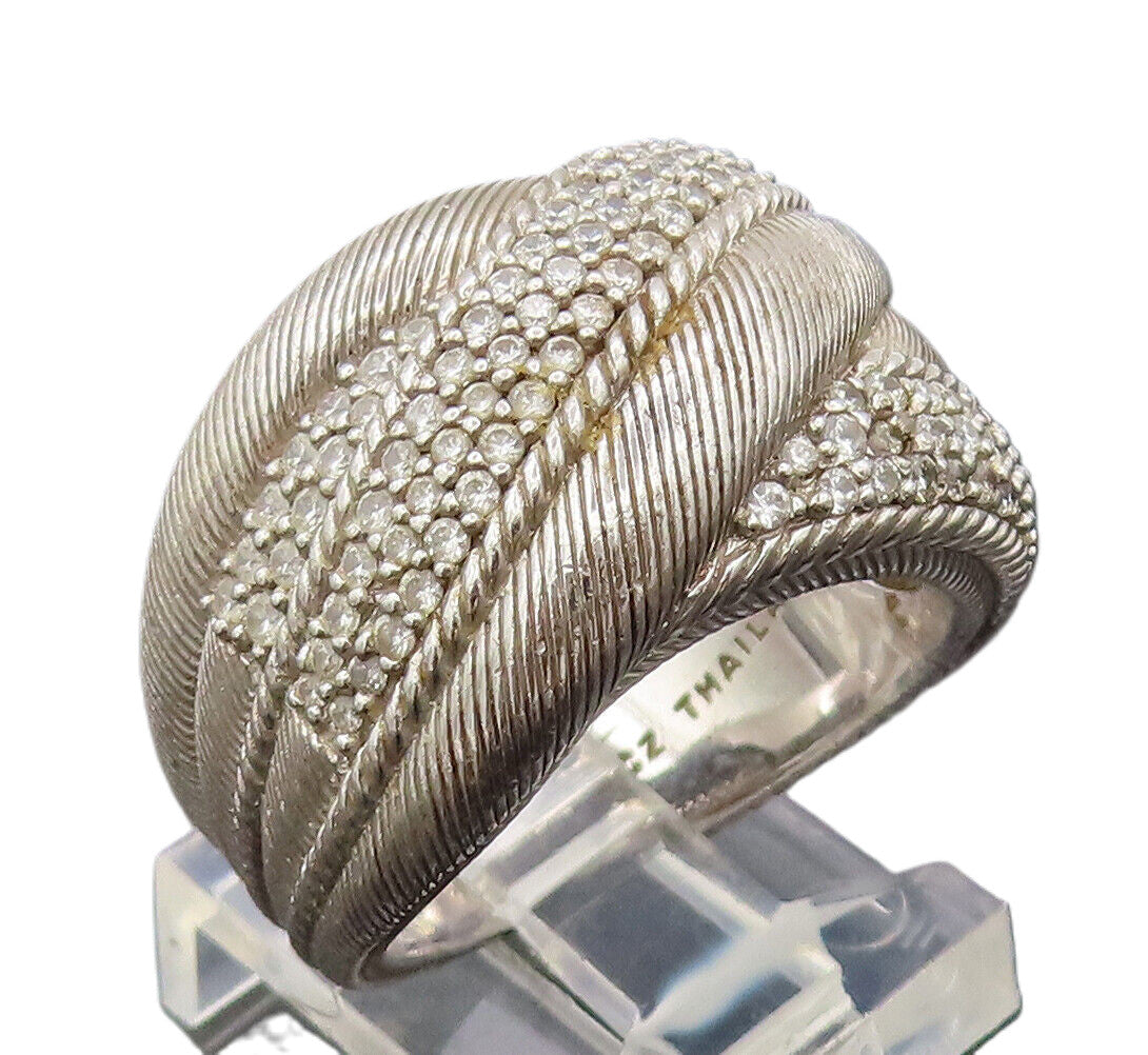 JUDITH RIPKA 925 Sterling Silver  Vintage Staked Rope CZ Ring Sz 8  RG27071