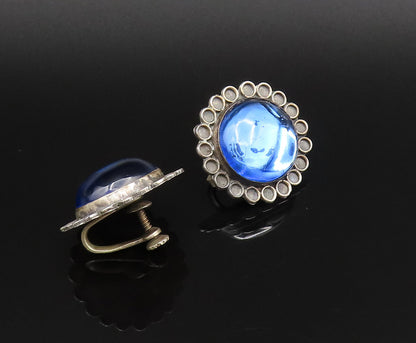 MEXICO 925 Silver  Vintage Unique Blue Amber Screw Back Earrings  EG12142