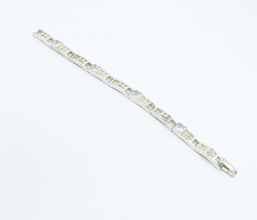 925 Sterling Silver  Cubic Zirconia Square Cutout Bar Chain Bracelet  BT3171