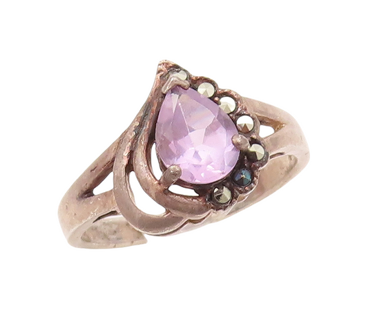 925 Sterling Silver Vintage Ring Designer Amethyst Marcasite Heart Sz 8  RG28826