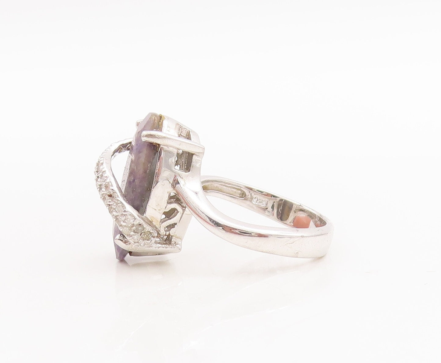 925 Sterling Silver Vintage Ring Oval Gemstone & Diamonds Band   Sz 7  RG29013