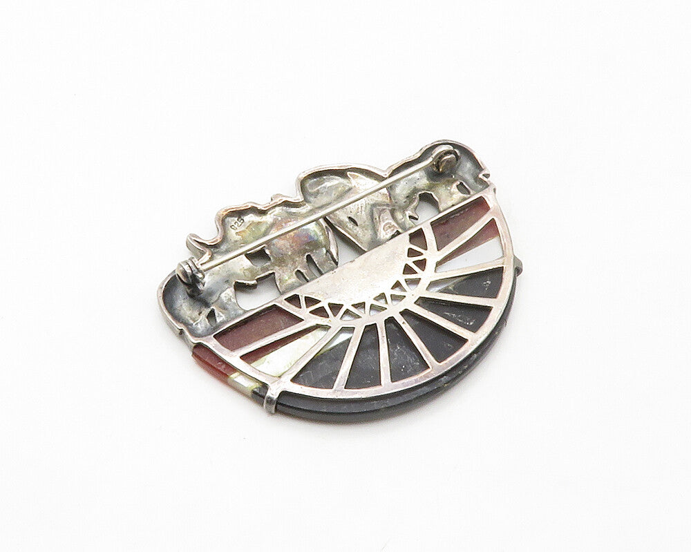 925 Silver  Vintage Black Onyx Mother Of Pearl & Carnelian Brooch Pin  BP6645