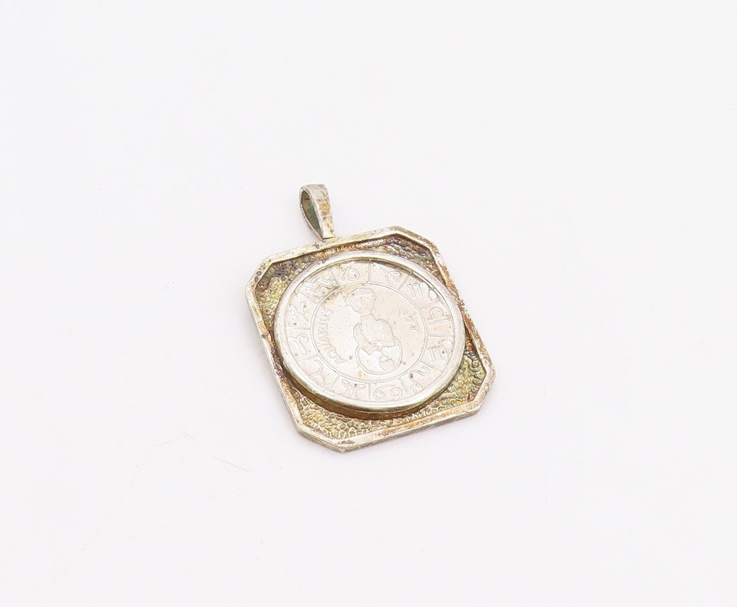 925 Sterling Silver Vintage Pendant Astrological Zodiac Geometric Coin   PT25883
