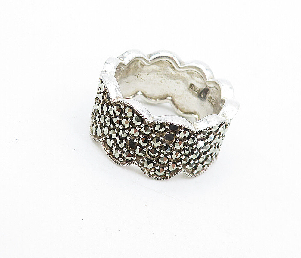 925 Sterling Silver  Marcasite Decorated Shiny Wavy Band Ring Sz 8.5  RG5258