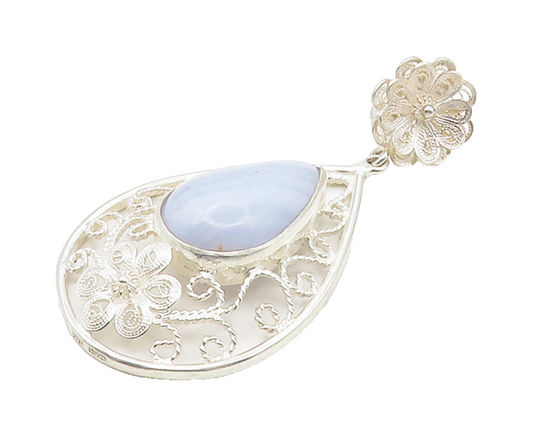 925 Sterling Silver  Cabochon Tear Drop Agate Floral Swirl Pendant  PT12213
