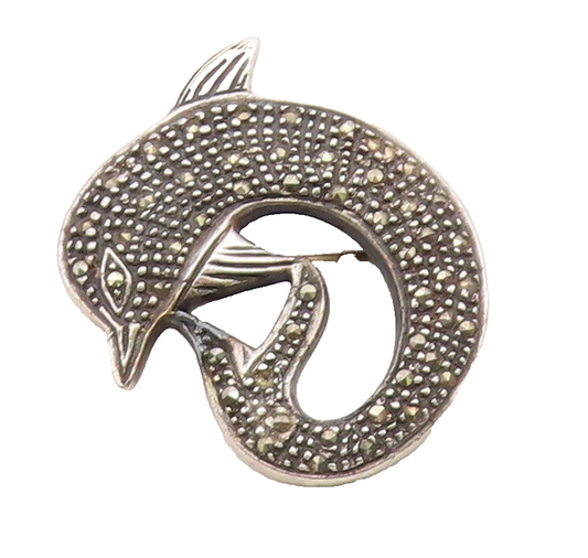 925 Sterling Silver  Vintage Marcasite Dolphin Oxidized Brooch Pin  BP4616
