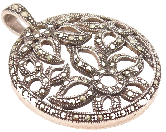 925 Serling Silver  Vintage Cutout Flowers Circular Marcasite Pendant  PT22045