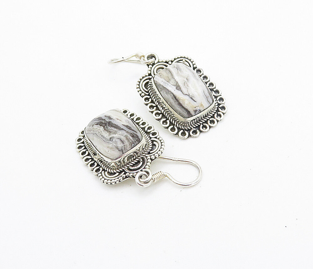 925 Sterling Silver  Vintage Cabochon Cut Grey Agate Dangle Earrings  EG3224