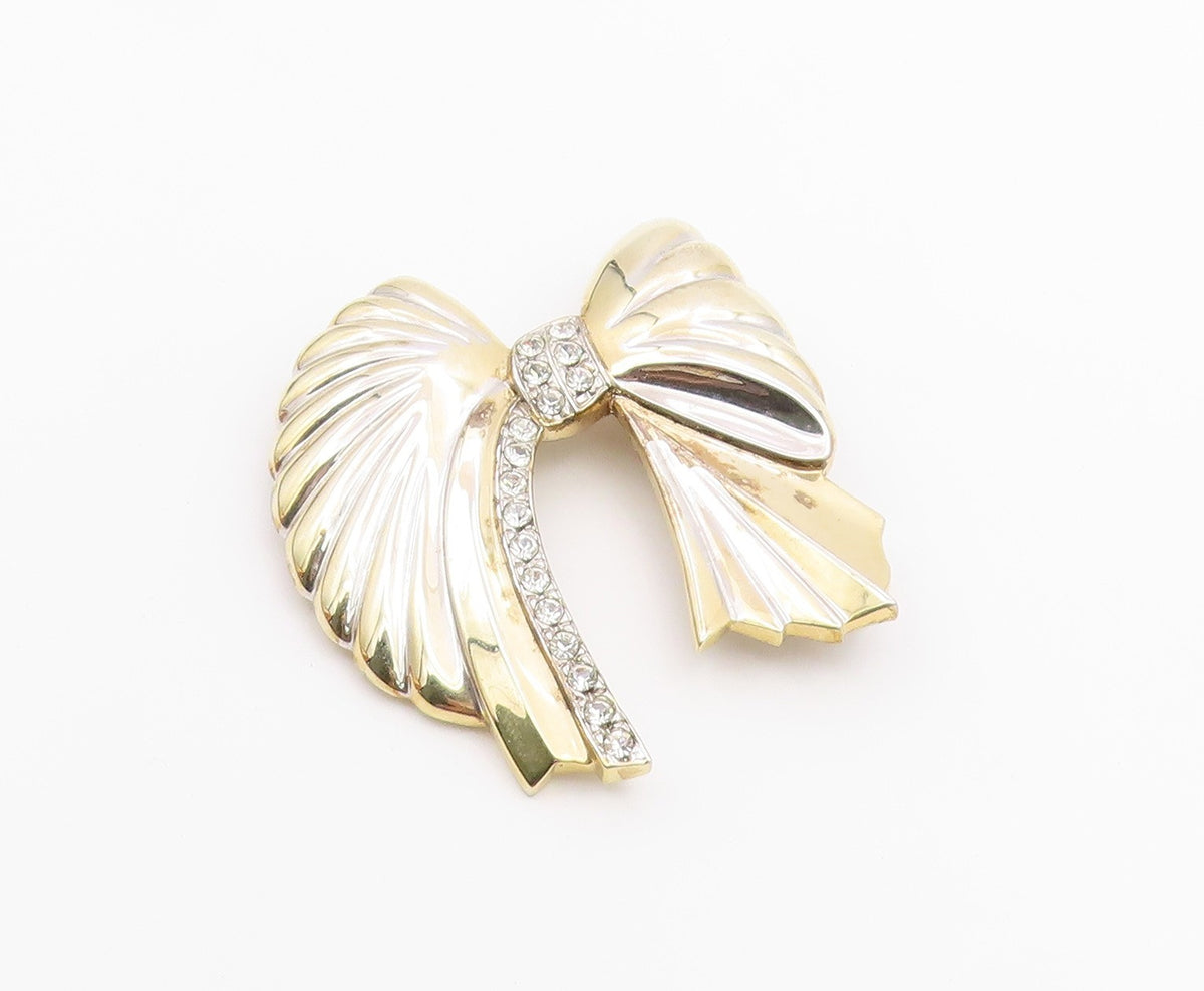 925 Sterling Silver  Vintage Cubic Zirconia Bow Tied Ribbon Brooch Pin  BP5838