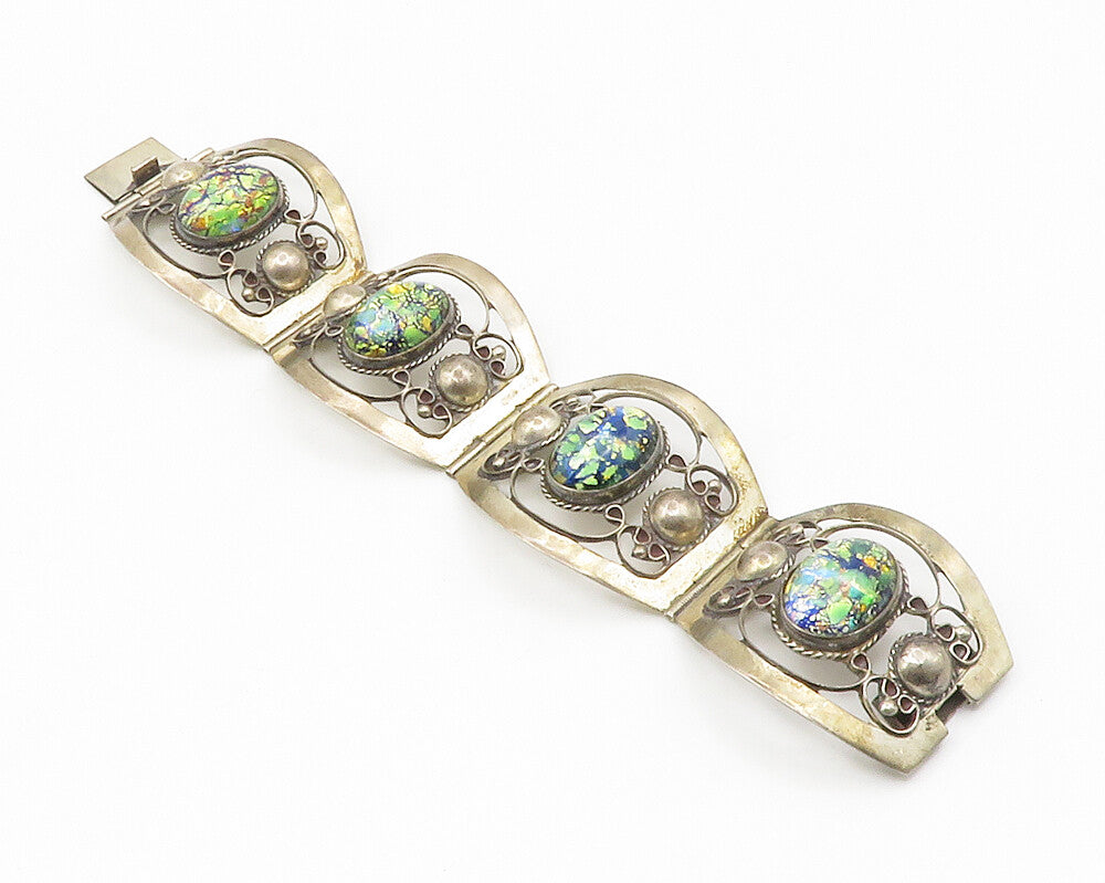 MEXICO 925 Sterling Silver  Vintage Glass Art Dome Swirl Chain Bracelet BT5320