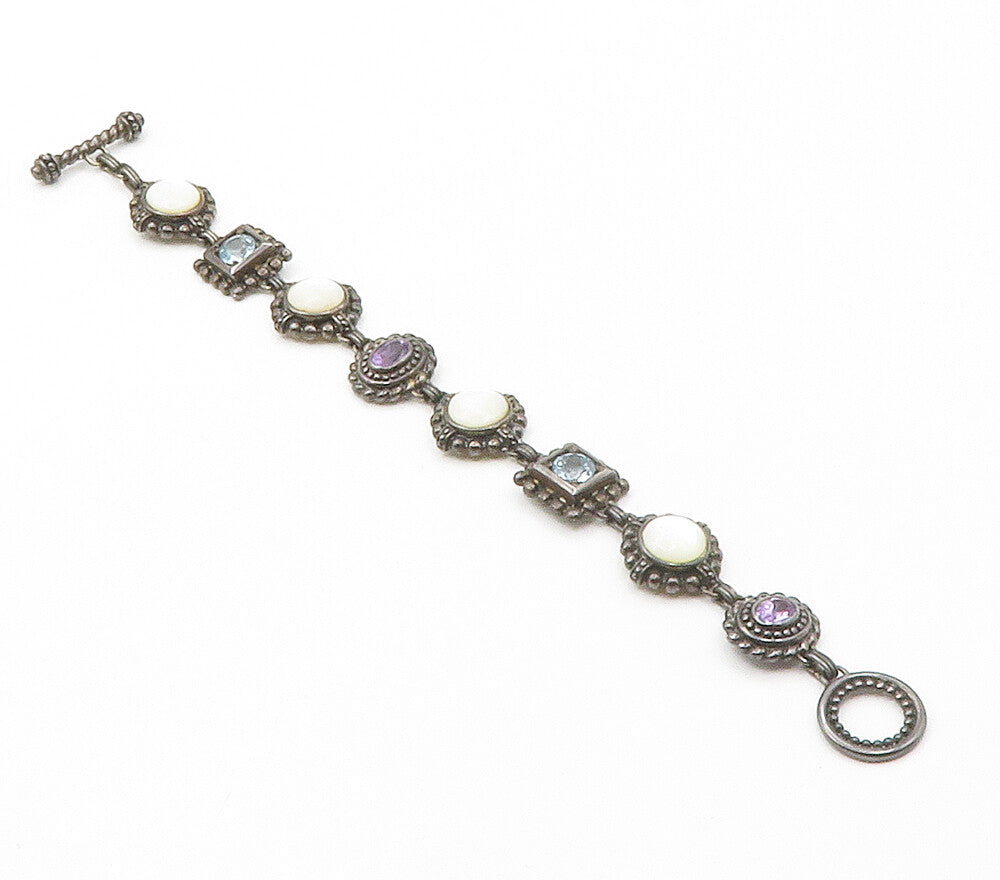 925 Silver  Vintage Mother Of Pearl Amethyst & Topaz Chain Bracelet  BT5975