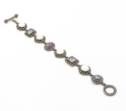 925 Silver  Vintage Mother Of Pearl Amethyst & Topaz Chain Bracelet  BT5975