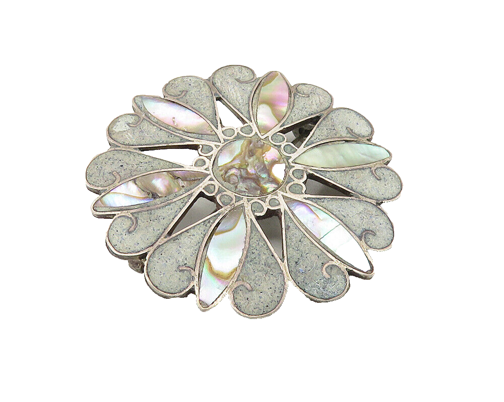 MEXICO 925 Sterling Silver  Vintage Abalone & Jasper Floral Brooch Pin  BP3738