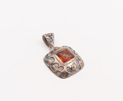 925 Sterling Silver Vintage Pendant Swirly Carved Square Shape Amber  PT23395