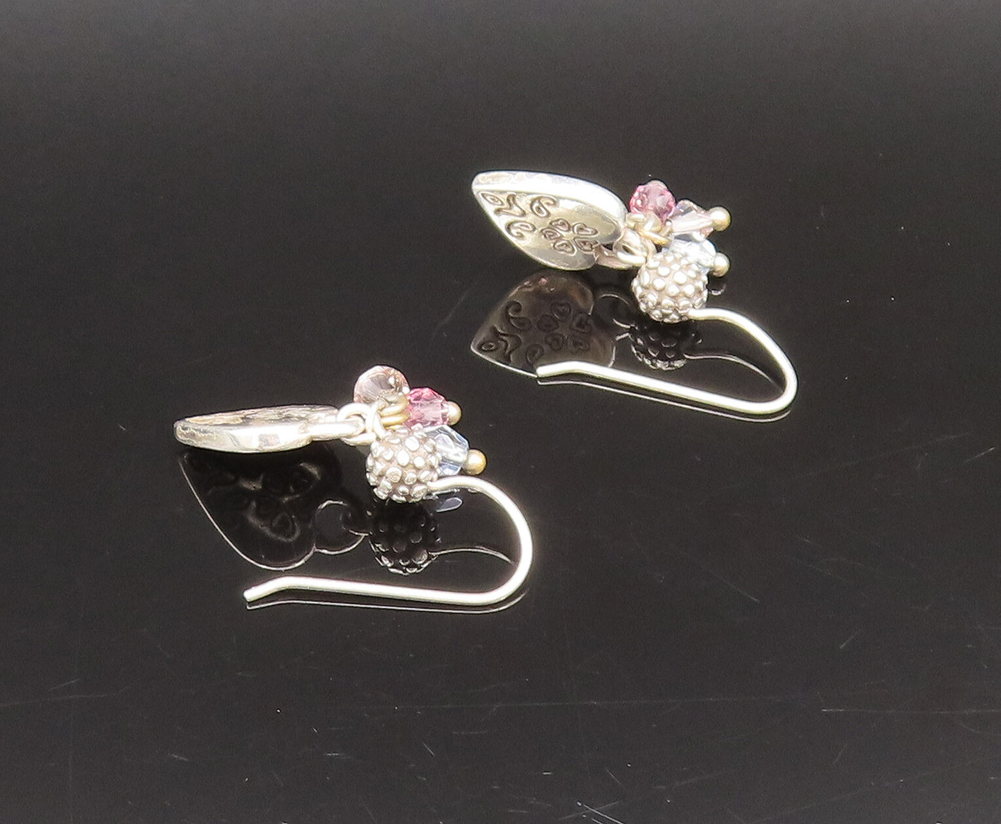925 Silver  Vintage Engraved Love Heart & Quartz Dangle Earrings  EG12283