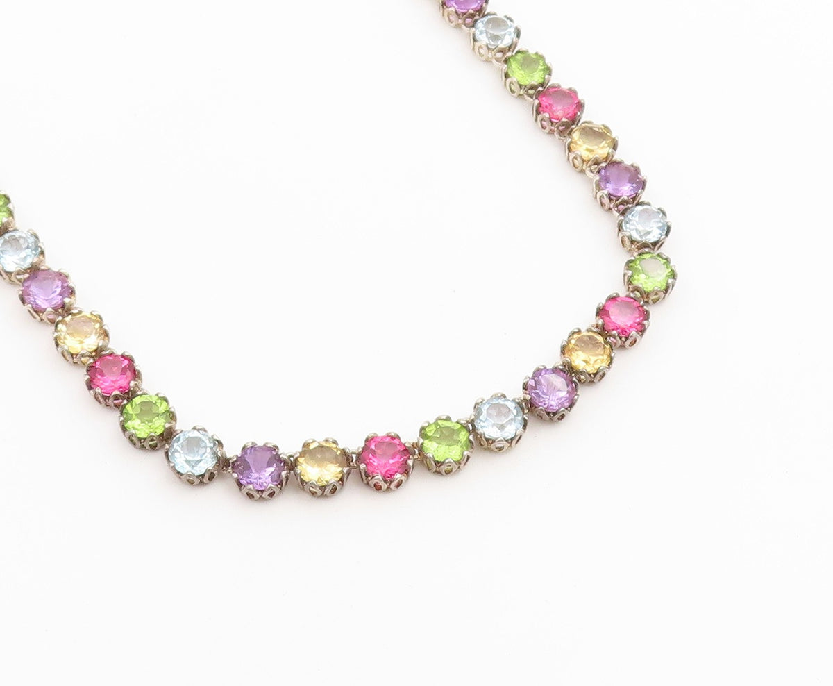 925 Sterling Silver Vintage Necklace Multi Gemstone Tennis Link Chain  NE4906