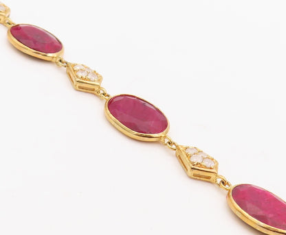 925 Sterling Silver Vintage Bracelet Gold Plated Diamonds & Oval Ruby  BT10838
