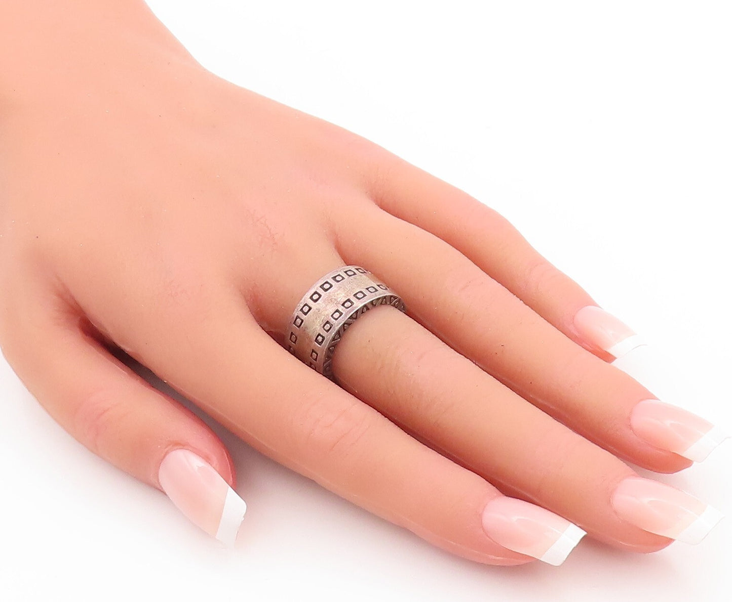 925 Sterling Silver Vintage Ring  Square & Triangles Grooved  Sz 6.5  RG29150