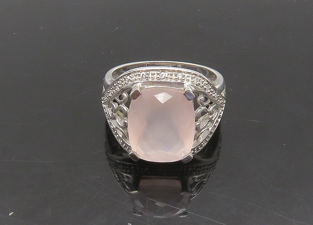 925 Silver  Vintage Rose Quartz & Diamonds Cocktail Ring Sz 7.5  RG23091