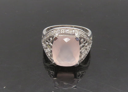 925 Silver  Vintage Rose Quartz & Diamonds Cocktail Ring Sz 7.5  RG23091