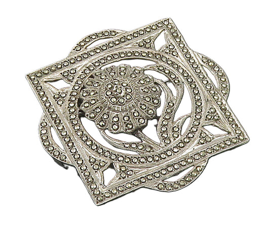 925 Sterling Silver  Vintage Shiny Marcasite Flower Motif Brooch Pin  BP6287