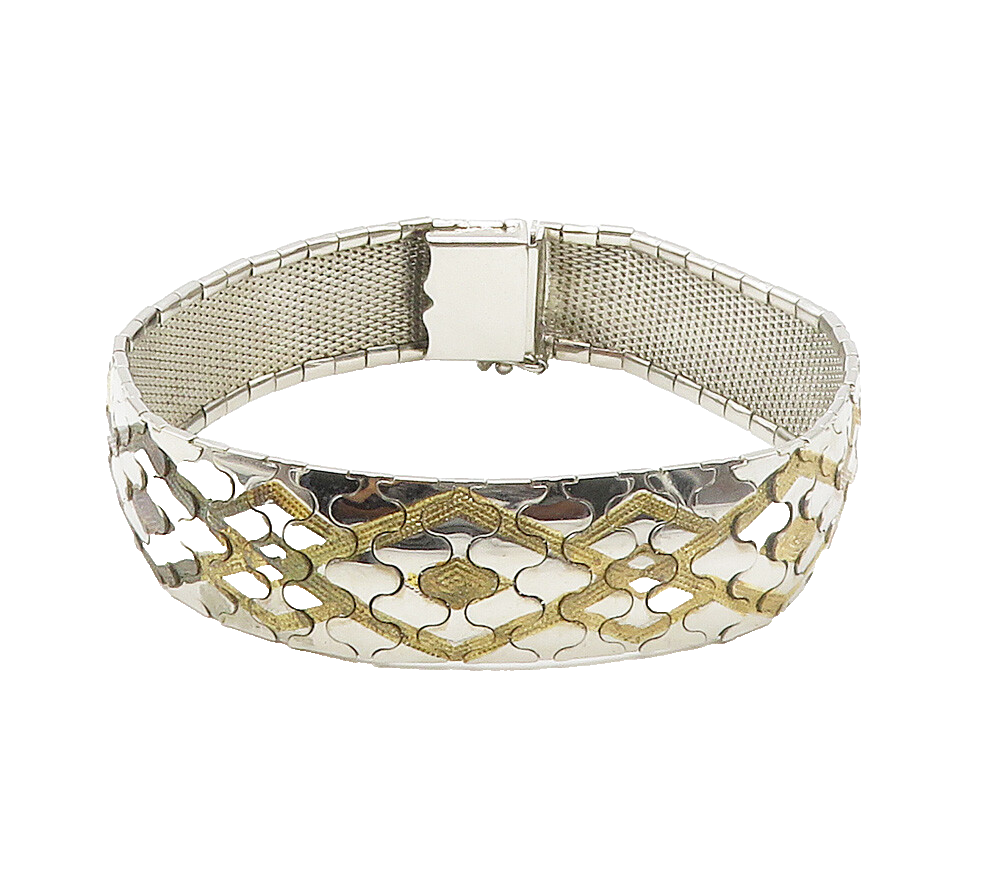 925 Sterling Silver  Shiny Two Tone Patterned Flat Chain Bracelet  BT6020