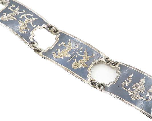SIAM 925 Sterling Silver  Vintage Enamel Niello Dancer Chain Bracelet  BT4416