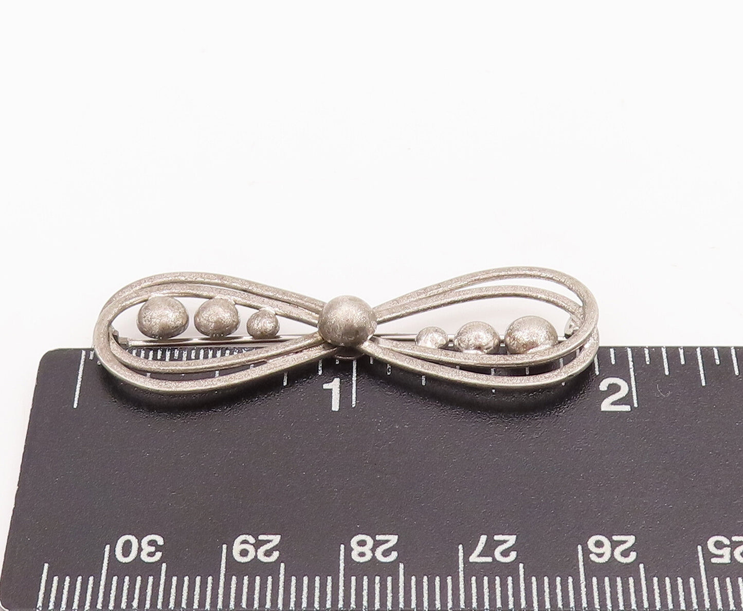 925 Sterling Silver Vintage Brooch Pin Double Ribbon Cutout Beaded Bow  BP11114
