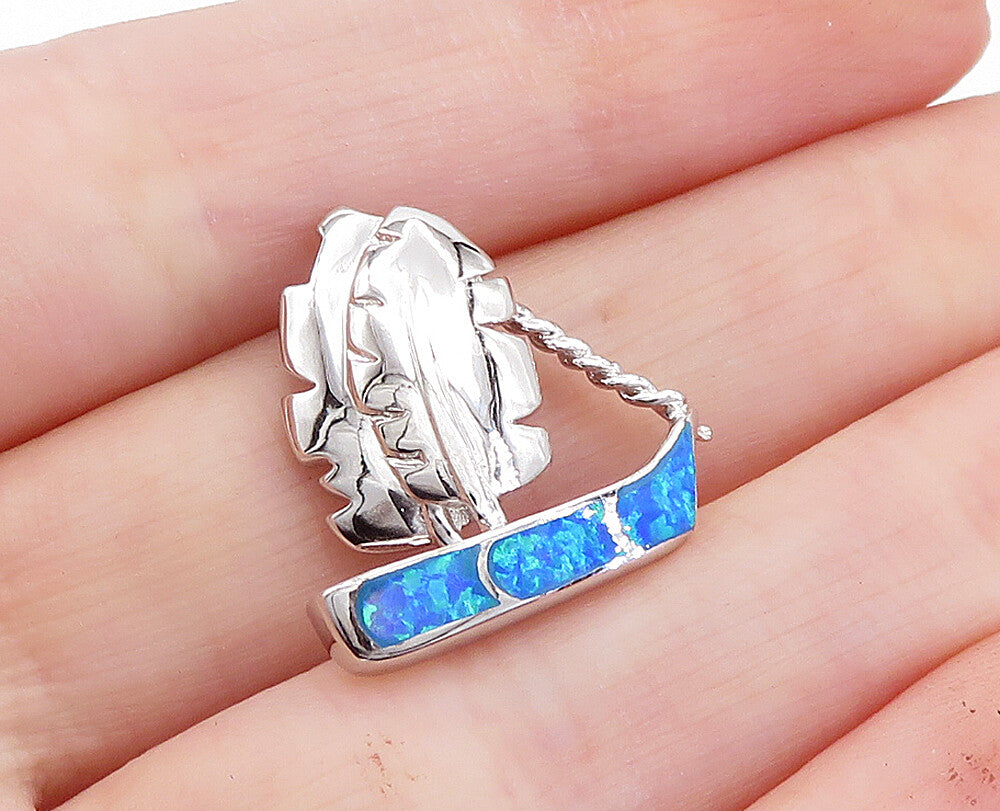 925 Sterling Silver  Blue Fire Opal Feather Sail Boat Motif Pendant  PT5058